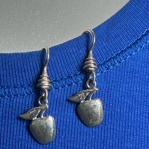 Silver Apple Charm Drop Earrings for Women